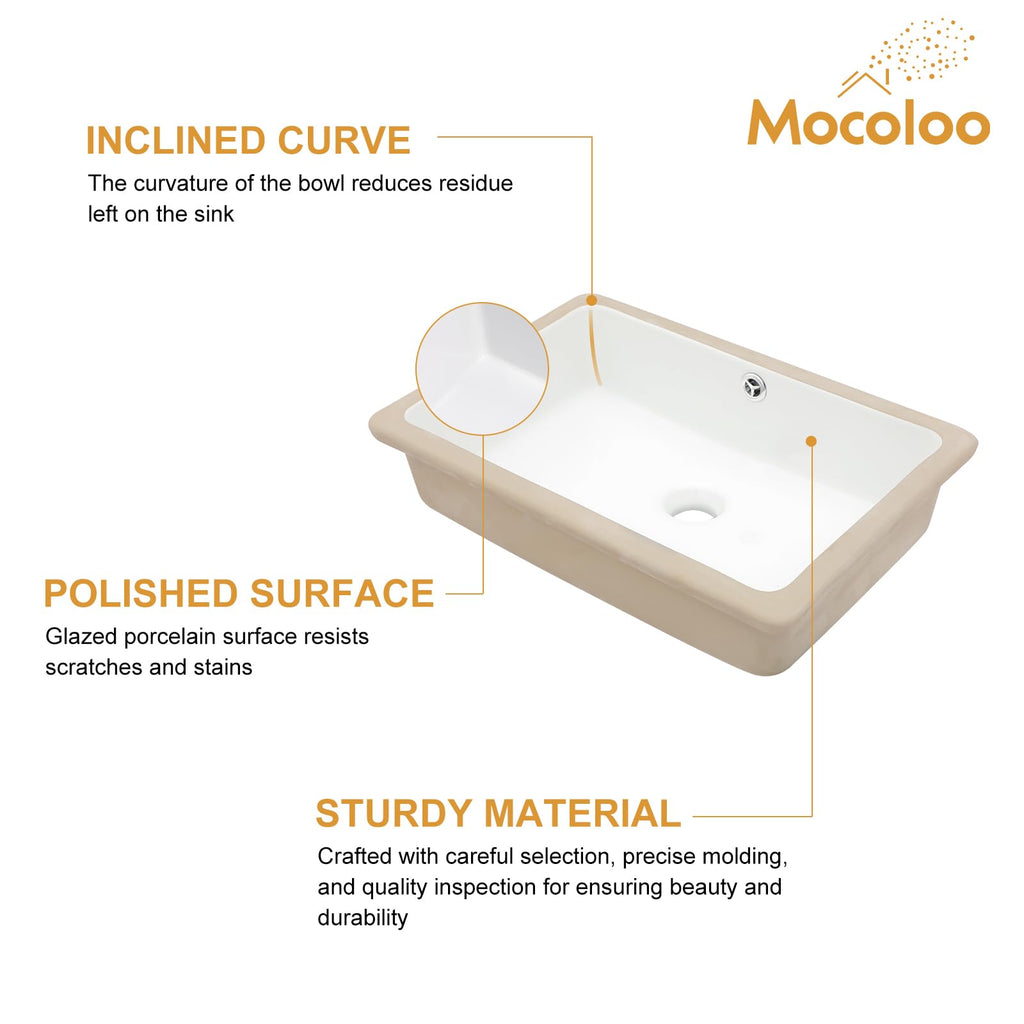 Mocoloo Bathroom Sink Undermount 22"x16" White Rectangle Porcelain Sink with Vertical Sides and Overflow Drain Under Counter Mount Ceramic Lavatory Vanity Sinks for Bathroom Interior Size 19 x 13
