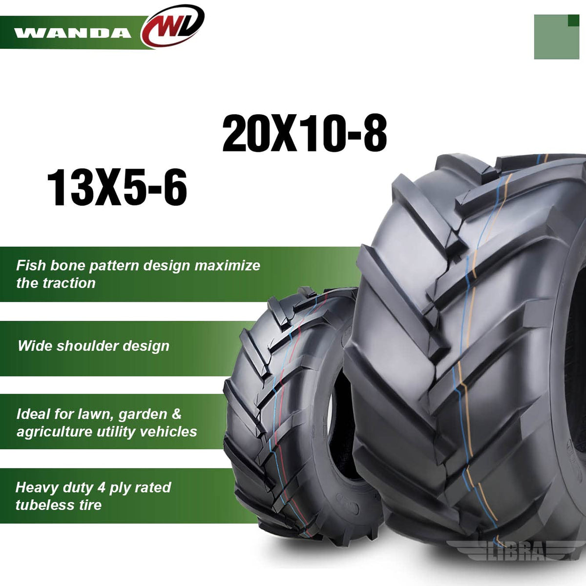 WANDA 4PC 15X6-6 & 20X10-8 Lawn Mower Tractor Tires Super Lug -13078/13071