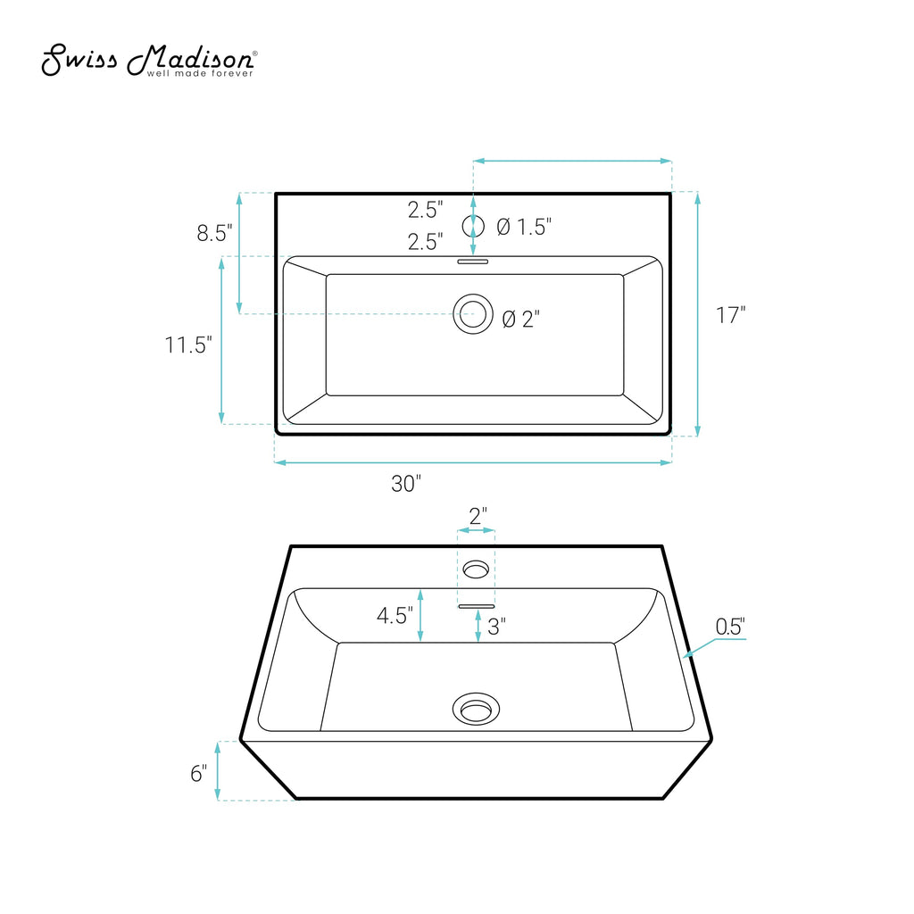 Claire 30" Rectangle Wall Mount Bathroom Sink in Glossy White