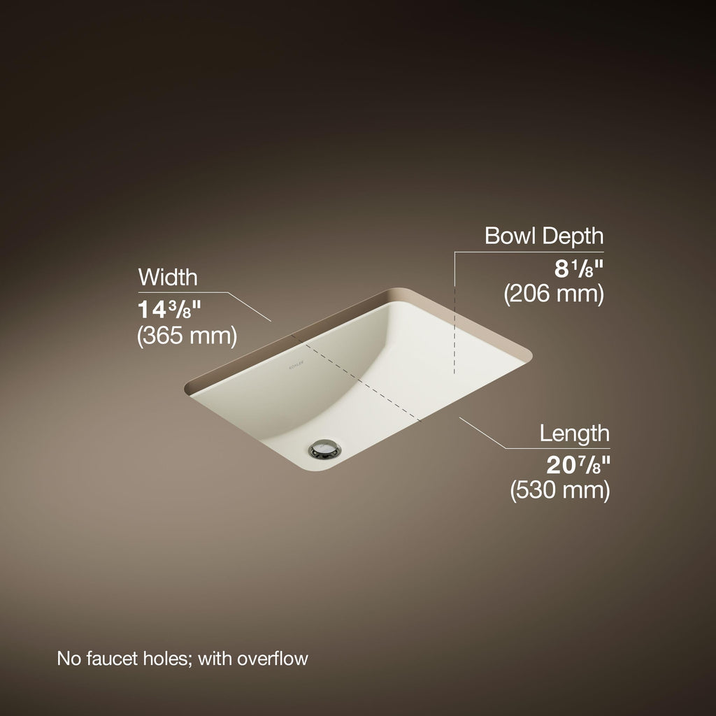 KOHLER 2214-0 Ladena Rectangular Undermount Bathroom Sink With Curved Bottom, 20-7/8" W X 14-3/8" L, White
