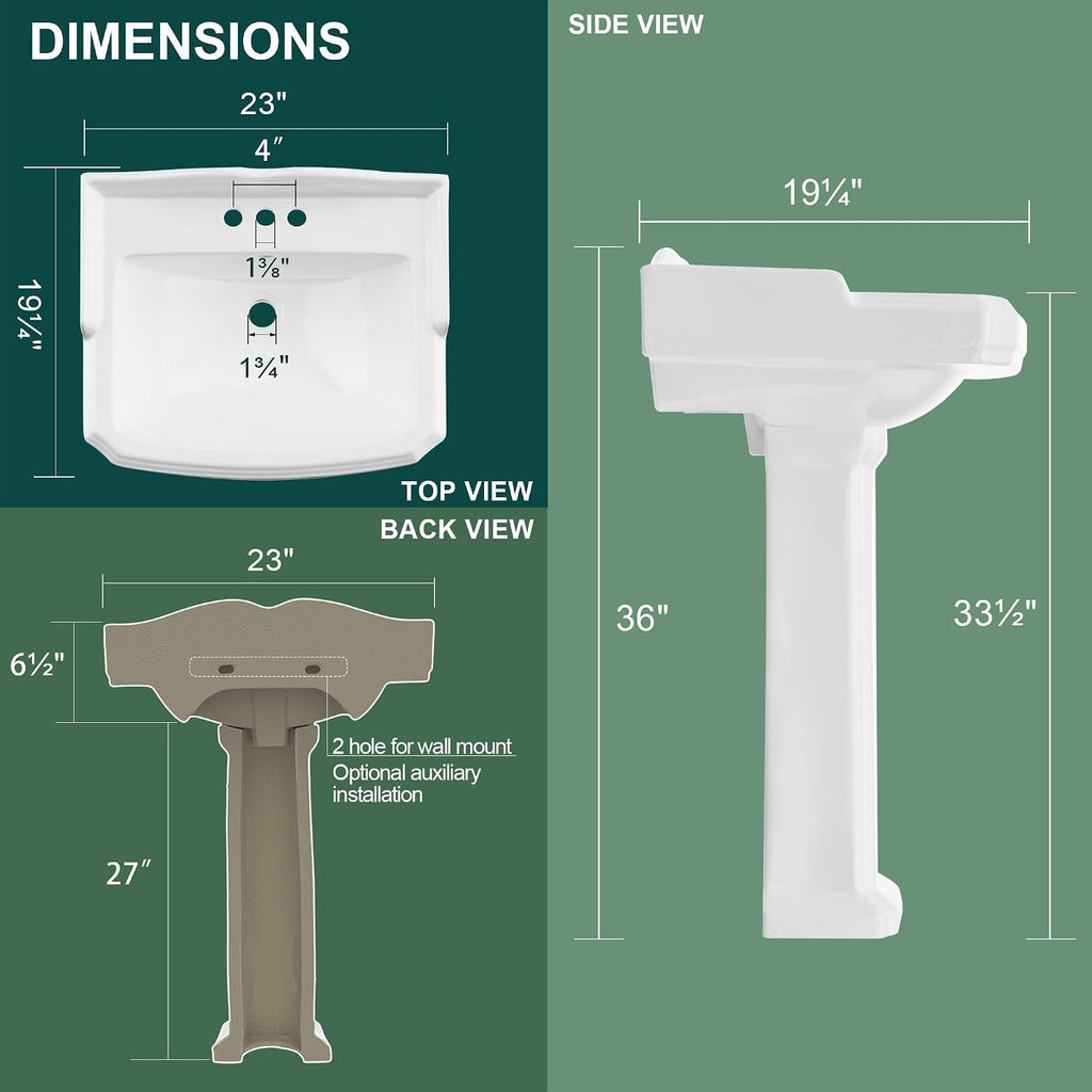 Miuara Freestanding 23 x19 Inch White Pedestal Sink 3 Hole for Bathroom
