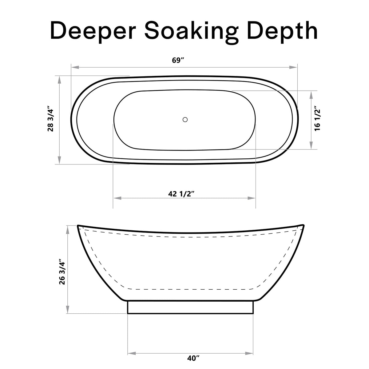 Empava 59 Inch Freestanding Bathtub - Modern Stand Alone Soaking Tubs