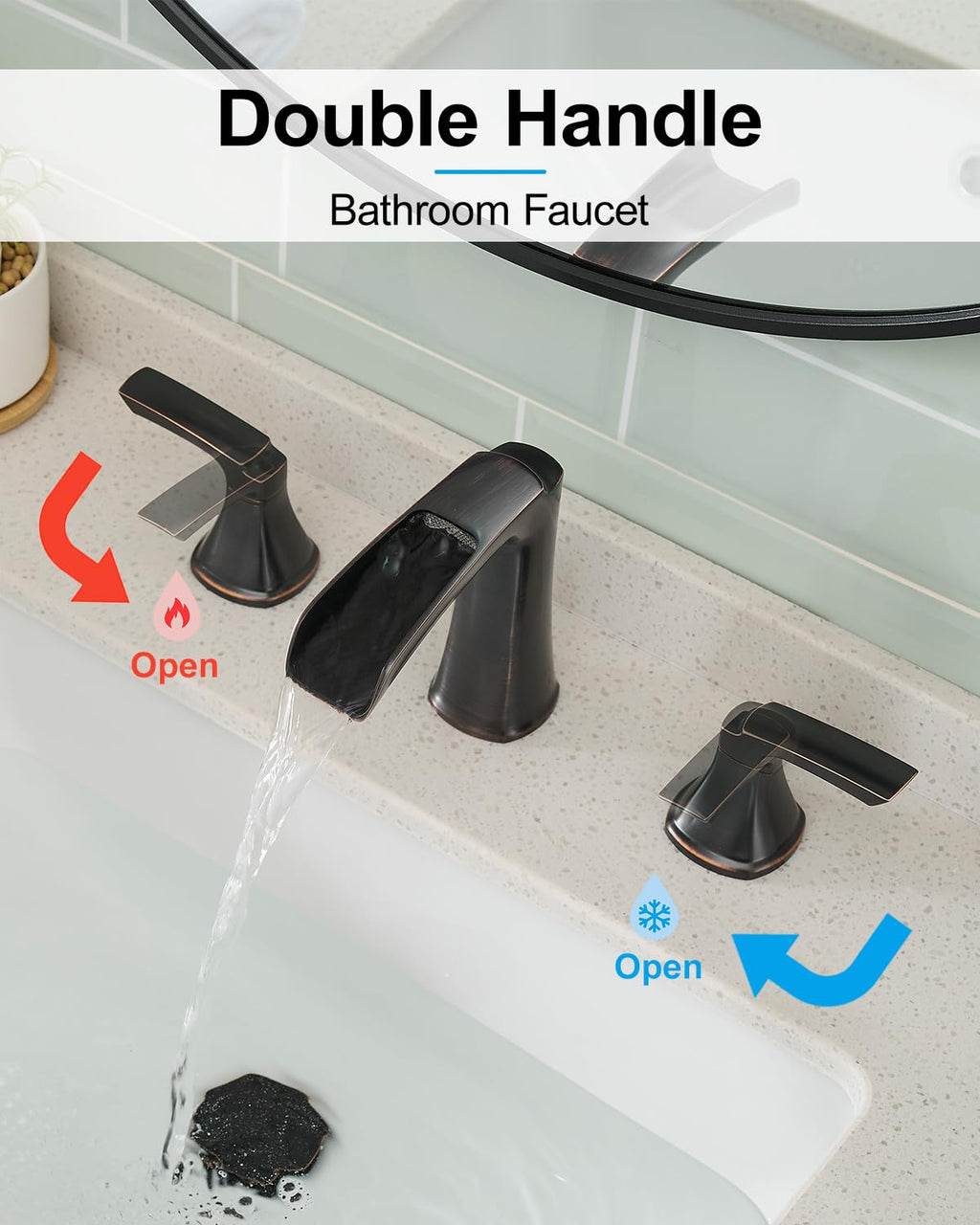 Fapully Brushed Nickel Bathroom Faucet 3 Hole, Waterfall 8 Inch Widespread Bathroom Sink Faucet with Pop-up Drain, Two-Handle Faucet for Bathroom Sink
