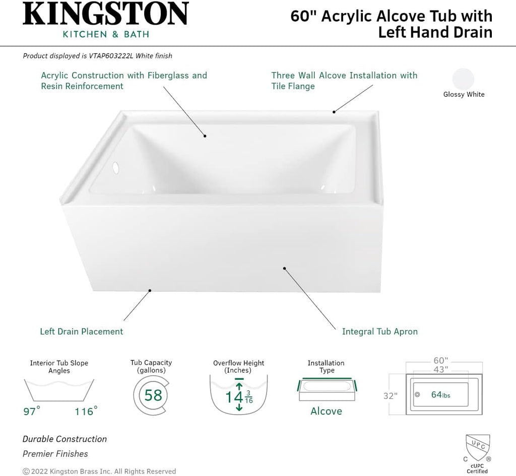Kingston Brass VTAP603222L Aqua Eden 60-Inch Acrylic Alcove Tub with Left Hand Drain Hole, L 60" x W 32" x H 21-5/8"D, White