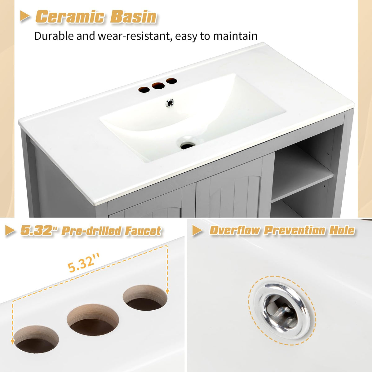 VINGLI 24 In Vanity Top Sink,1 Pre-Drilled Standard 1 3/8" Faucet Hole,1 3/4" Diameter of Center Hole,24 Inch Modern Rectangular Ceramic Single Sink Basin Vanity Top, 24"Wx18.1"Dx6.7"H,White