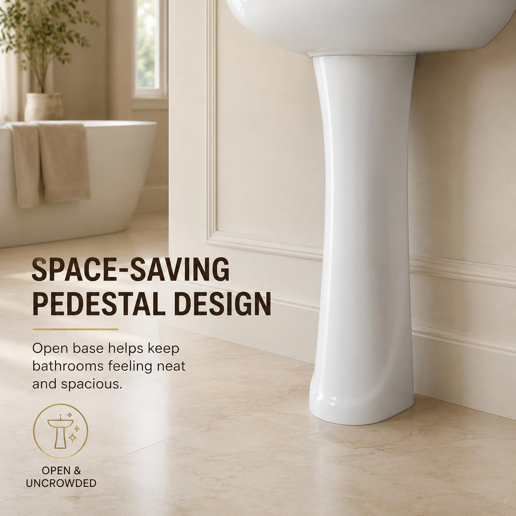 Garvee White Ceramic Pedestal Bathroom Sink, Single Hole Freestanding Basin