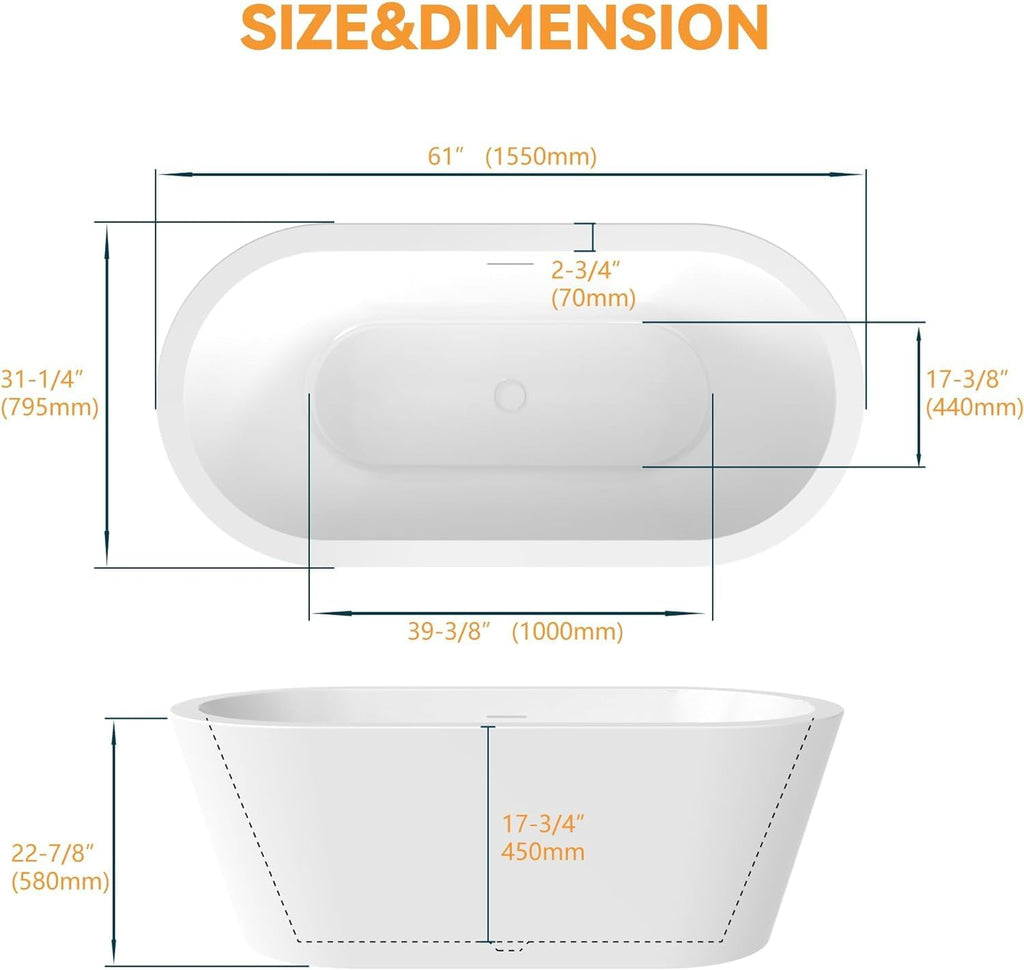 61" Freestanding Bathtubs, Acrylic Soaking Tubs for Adult, Integrated Overflow and Drain, cUPC Certified, Glossy White