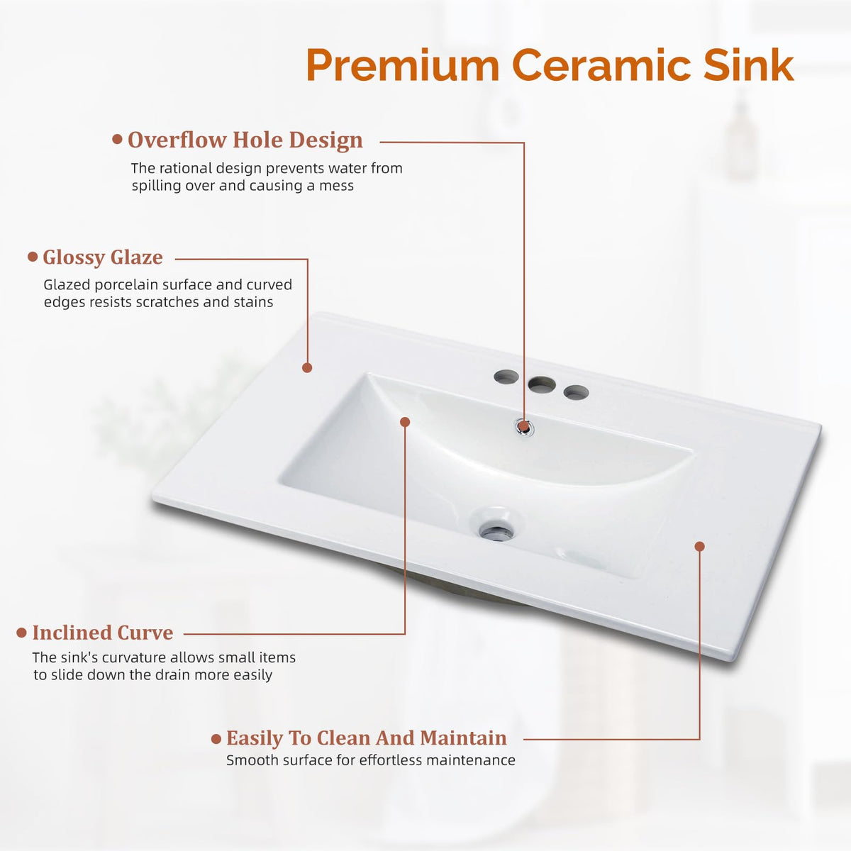 VINGLI 24 In Vanity Top Sink,1 Pre-Drilled Standard 1 3/8" Faucet Hole,1 3/4" Diameter of Center Hole,24 Inch Modern Rectangular Ceramic Single Sink Basin Vanity Top, 24"Wx18.1"Dx6.7"H,White