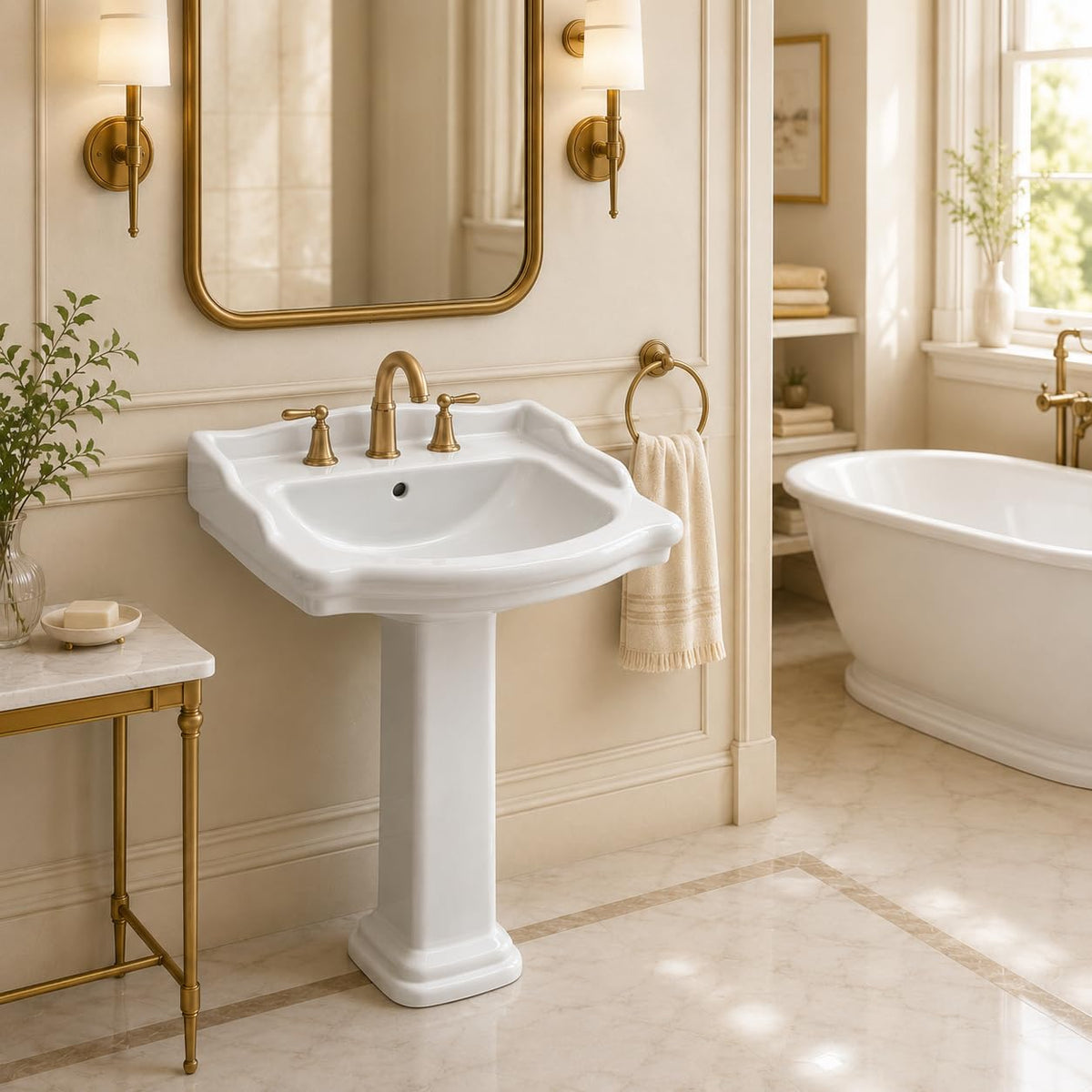 Garvee White Ceramic Pedestal Bathroom Sink, Single Hole Freestanding Basin