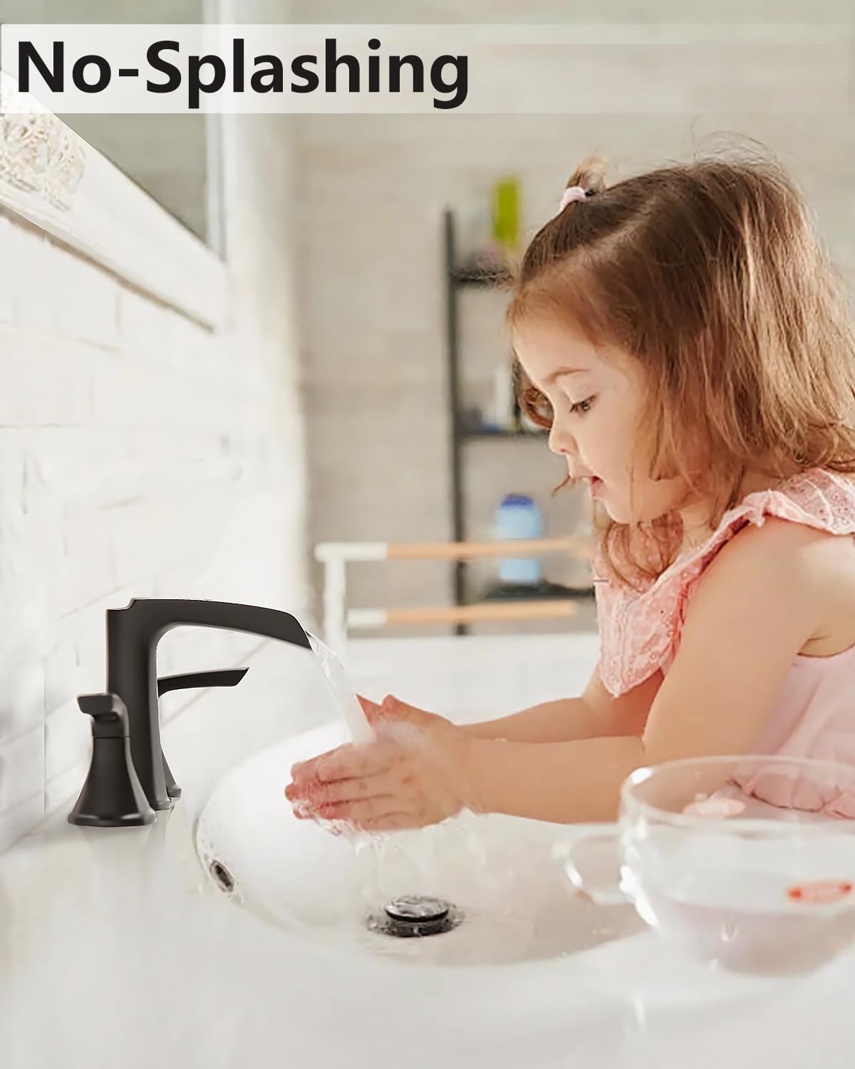Fapully Brushed Nickel Bathroom Faucet 3 Hole, Waterfall 8 Inch Widespread Bathroom Sink Faucet with Pop-up Drain, Two-Handle Faucet for Bathroom Sink
