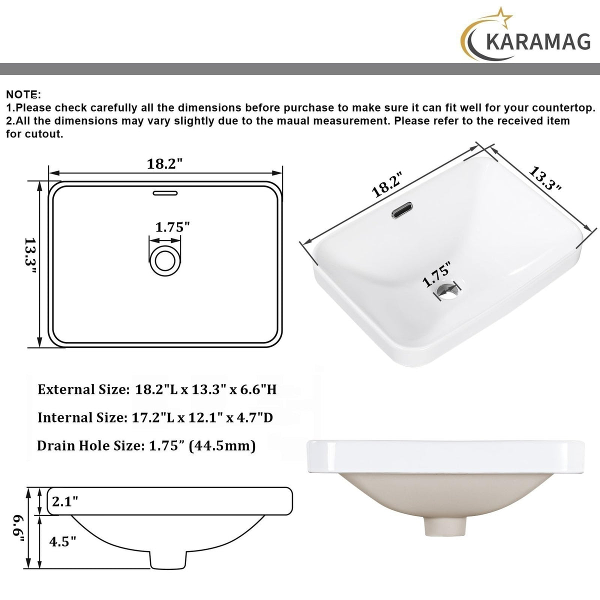 19 Inch Drop In Bathroom Vessel Sink with Overflow Rectangle White