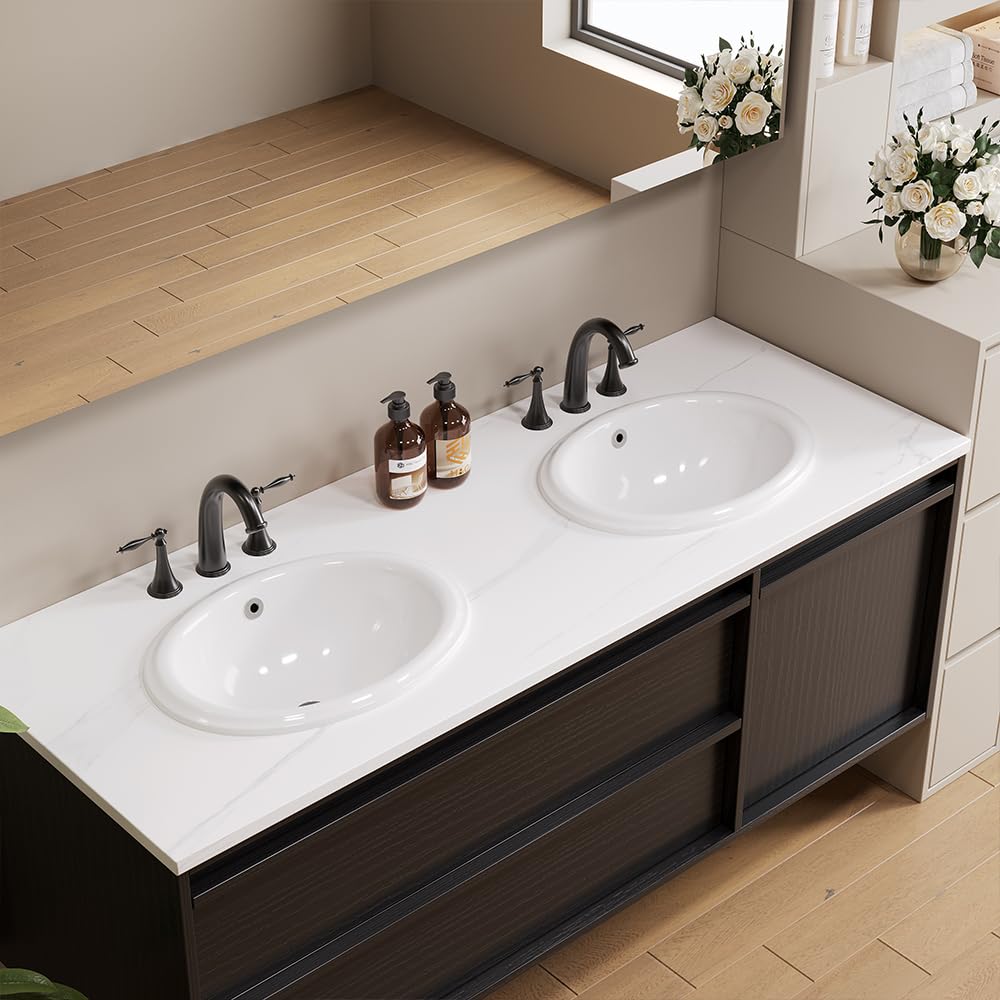 Bathroom Rectangle Vessel Sink 20" x 15" Semi Recessed Sink White Drop in ceramic Sink with Overflow Modern Sinks Bowl Vanity Above Counter Basin