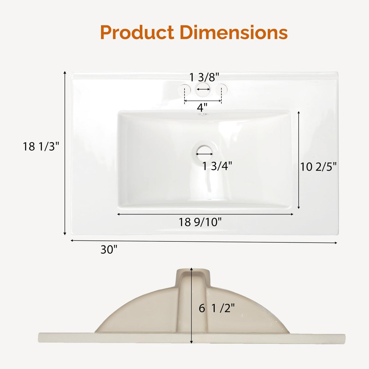 VINGLI 24 In Vanity Top Sink,1 Pre-Drilled Standard 1 3/8" Faucet Hole,1 3/4" Diameter of Center Hole,24 Inch Modern Rectangular Ceramic Single Sink Basin Vanity Top, 24"Wx18.1"Dx6.7"H,White