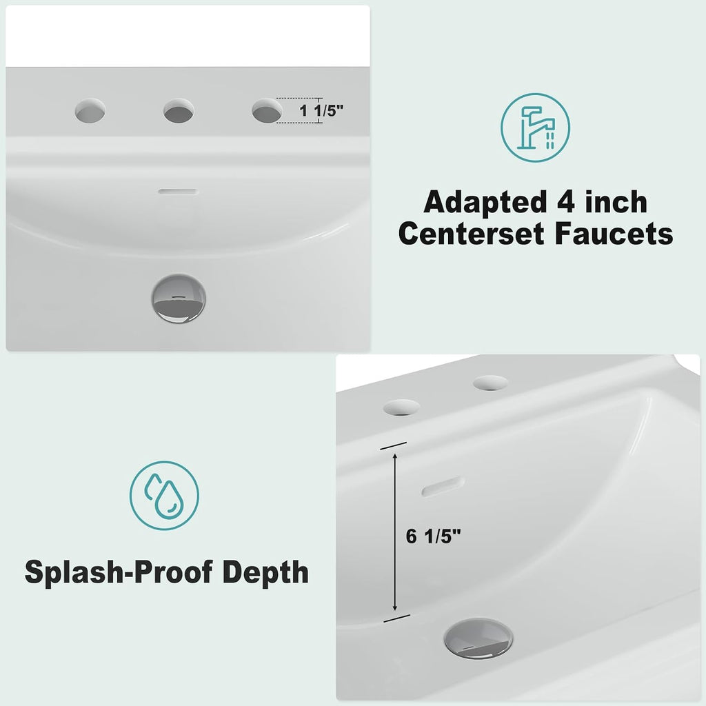 26" W X 20" D Bathroom Pedestal Sink, Rectangular White Ceramic Vanity Sink with Overflow and 3 Pre-Drilled Holes - Fits 8-Inch Faucets,Freestanding Restroom Sink Combo for Small Spaces