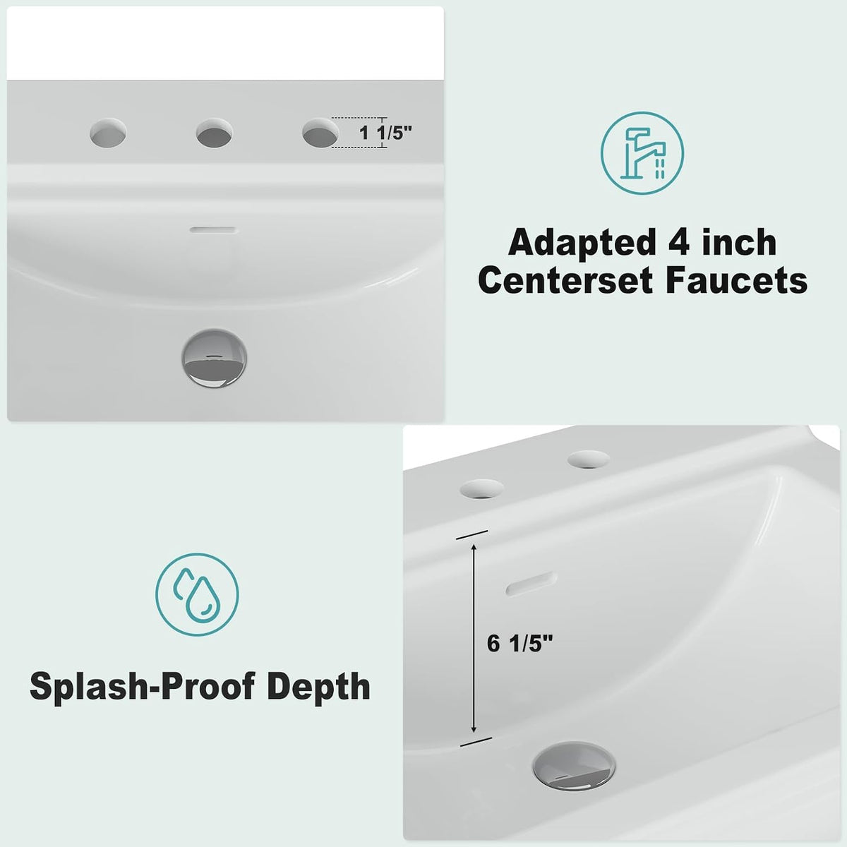 26" W X 20" D Bathroom Pedestal Sink, Rectangular White Ceramic Vanity Sink with Overflow and 3 Pre-Drilled Holes - Fits 8-Inch Faucets,Freestanding Restroom Sink Combo for Small Spaces