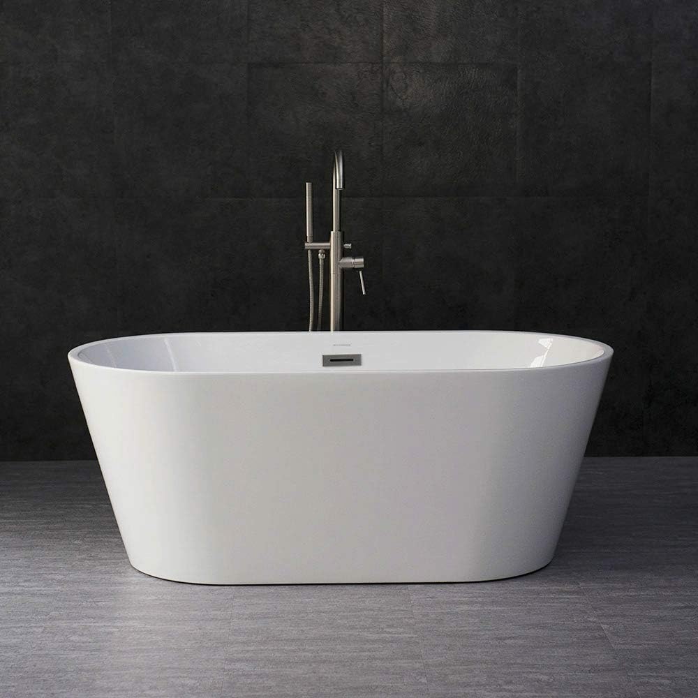 WOODBRIDGE 59" Acrylic Freestanding Bathtub Contemporary Soaking Tub with Brushed Nickel Overflow and Drain B0014B,White