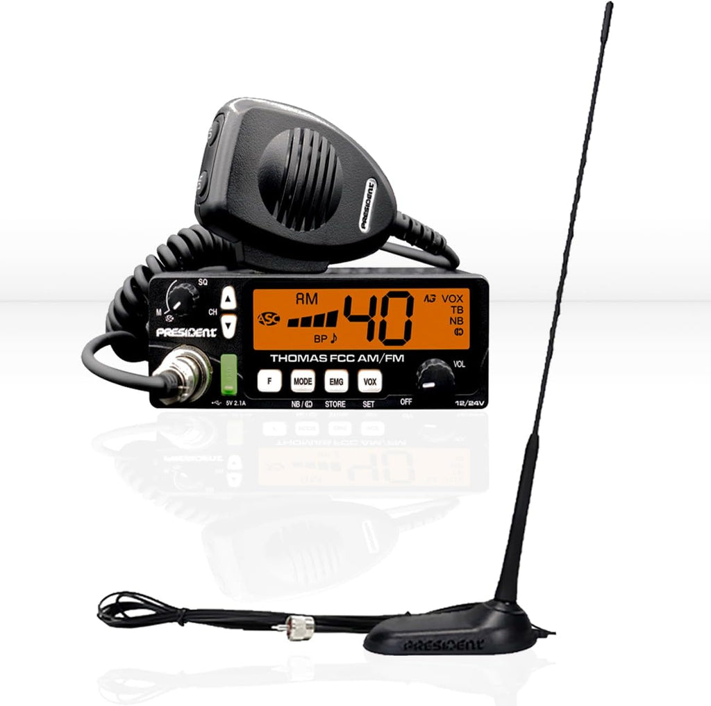 President Radio Heavy Duty (HD) Kit with Thomas FCC 40-Channel,12/24 Volt AM/FM CB Radio and Virginia F Magnet-Mount Antenna