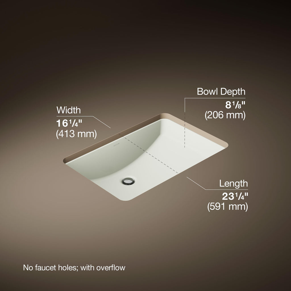 KOHLER 2215-0 Ladena Rectangular Undermount Bathroom Sink Vanity With Curved Bottom, 23-1/4 L x 16-1/4 W, White Bathroom Sinks