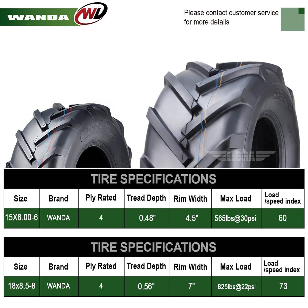 WANDA 4PC 15X6-6 & 20X10-8 Lawn Mower Tractor Tires Super Lug -13078/13071