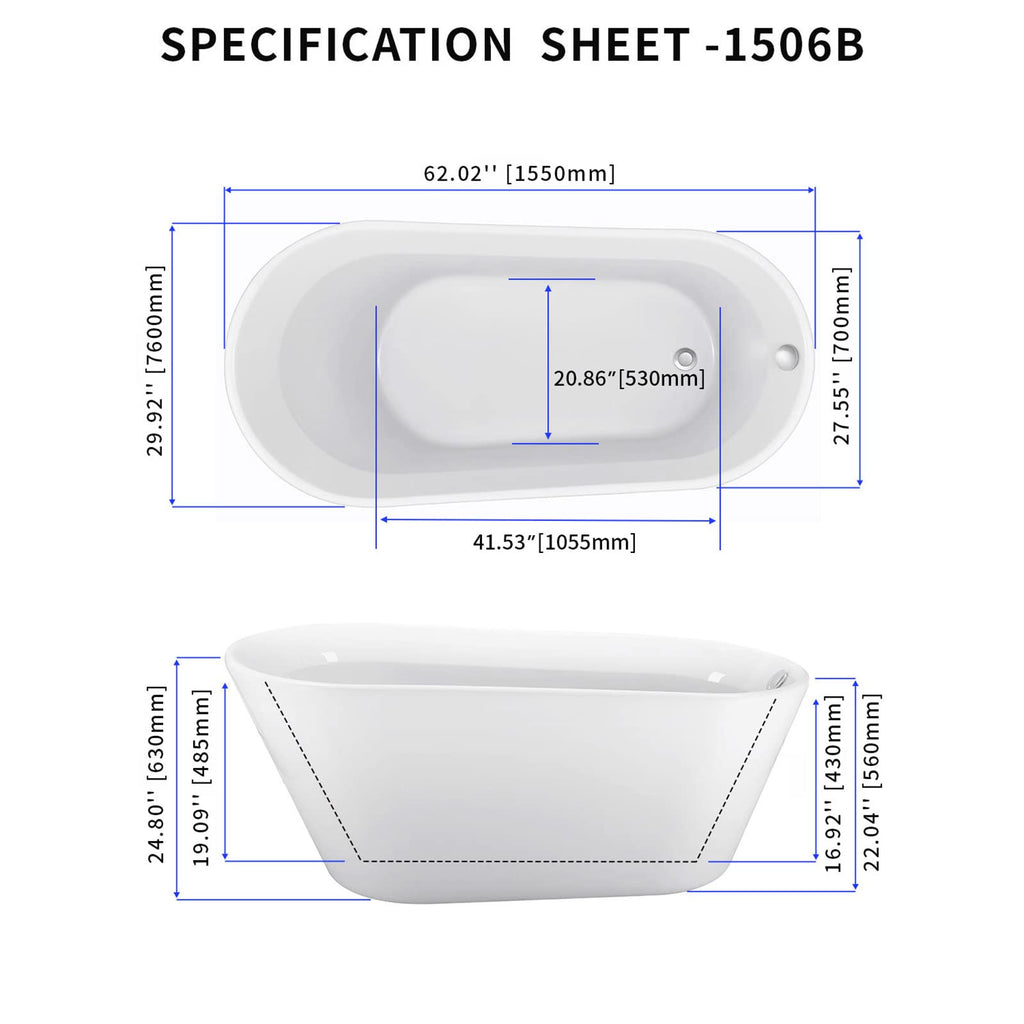62" Lucite Acrylic Freestanding Bathtub, Double Slipper Soaking Tub