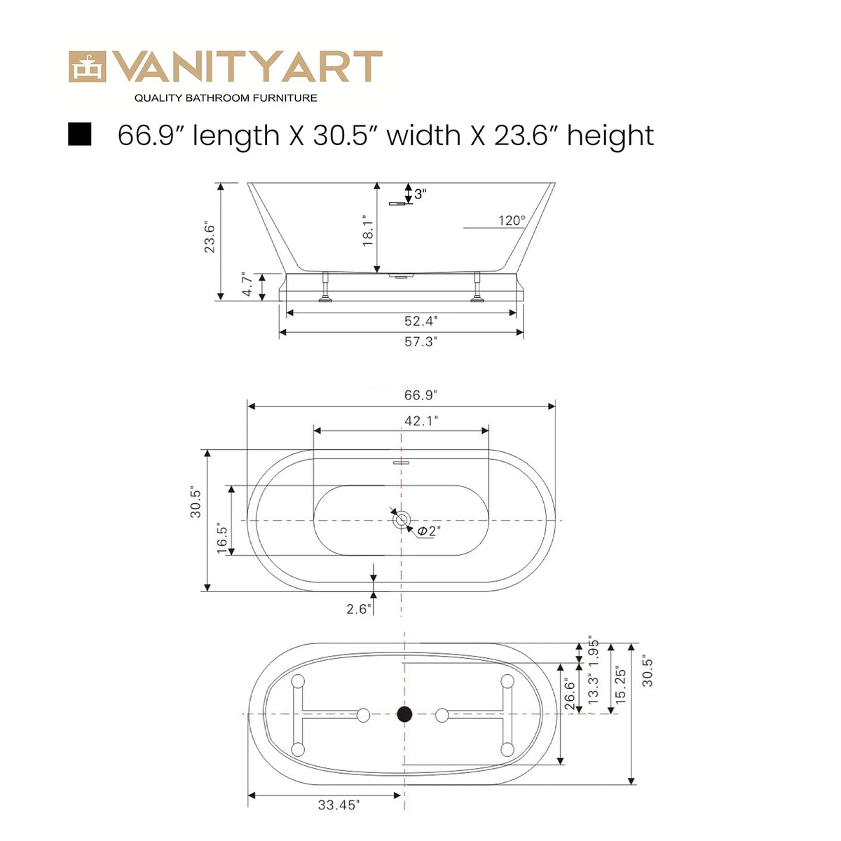 Vanity Art 59 x 30 Inches Freestanding Bathtub Acrylic Modern Stand Alone Soaking Tub with UPC Certified Slotted Overflow and Pop-up Center Drain, White VA6610-S