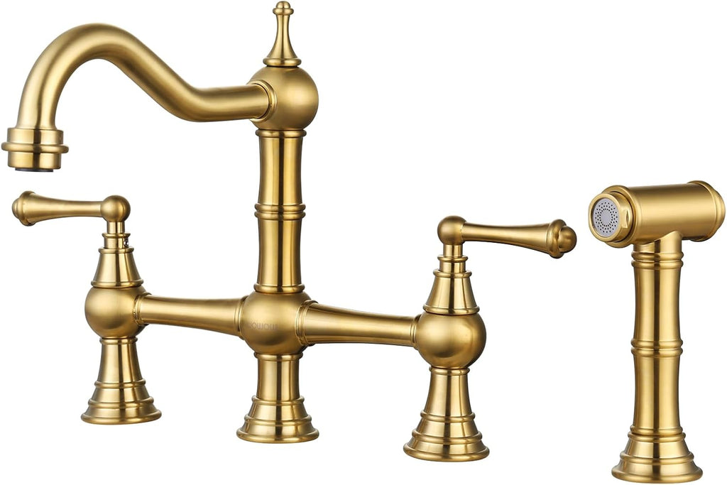 WOWOW Brass Bridge Kitchen Faucet 4 Hole with Side Sprayer, Brushed Gold
