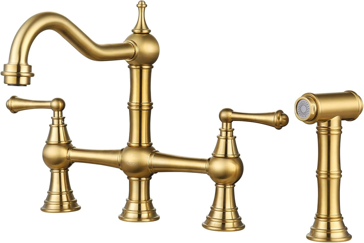 WOWOW Brass Bridge Kitchen Faucet 4 Hole with Side Sprayer, Brushed Gold