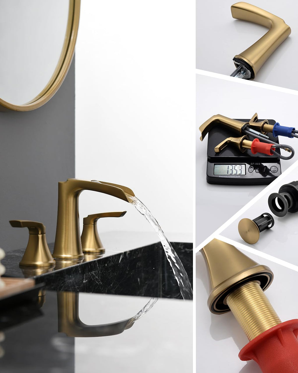Fapully Brushed Nickel Bathroom Faucet 3 Hole, Waterfall 8 Inch Widespread Bathroom Sink Faucet with Pop-up Drain, Two-Handle Faucet for Bathroom Sink