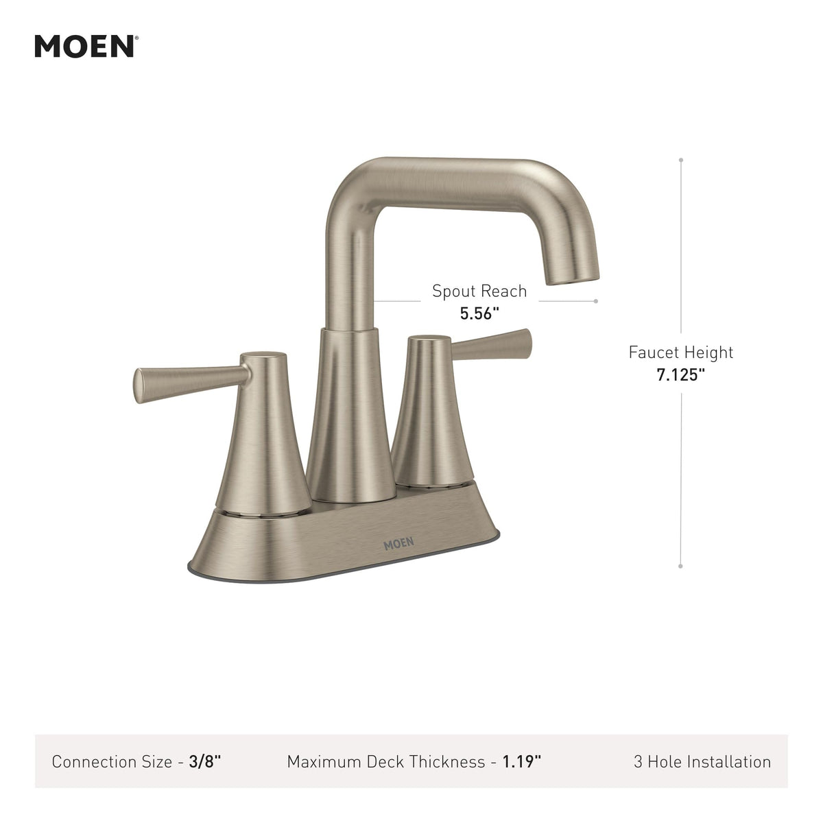 Moen Ronan Matte Black Double Bend Single Hole Modern Bathroom Sink Faucet with Optional Deckplate and Spring Loaded Drain Assembly, 84024BL