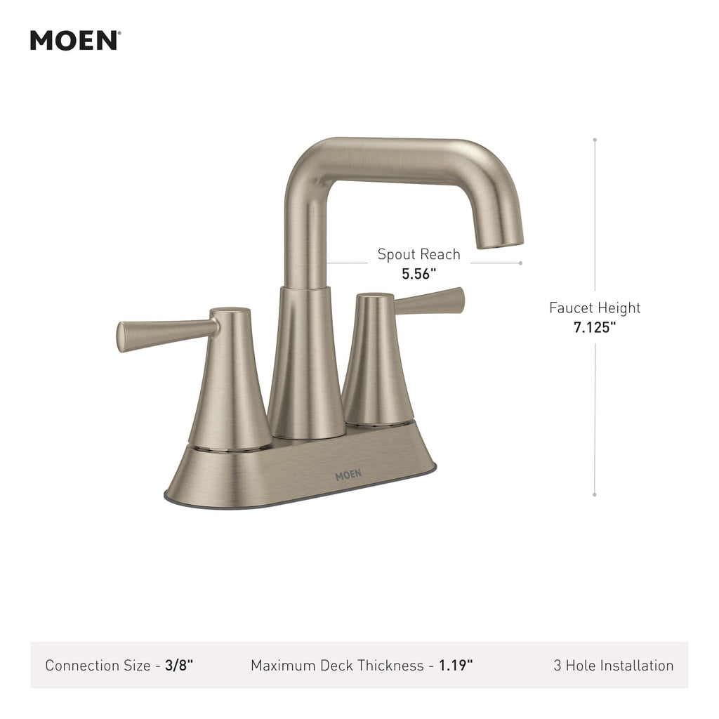 Moen Ronan Matte Black Double Bend Single Hole Modern Bathroom Sink Faucet with Optional Deckplate and Spring Loaded Drain Assembly, 84024BL