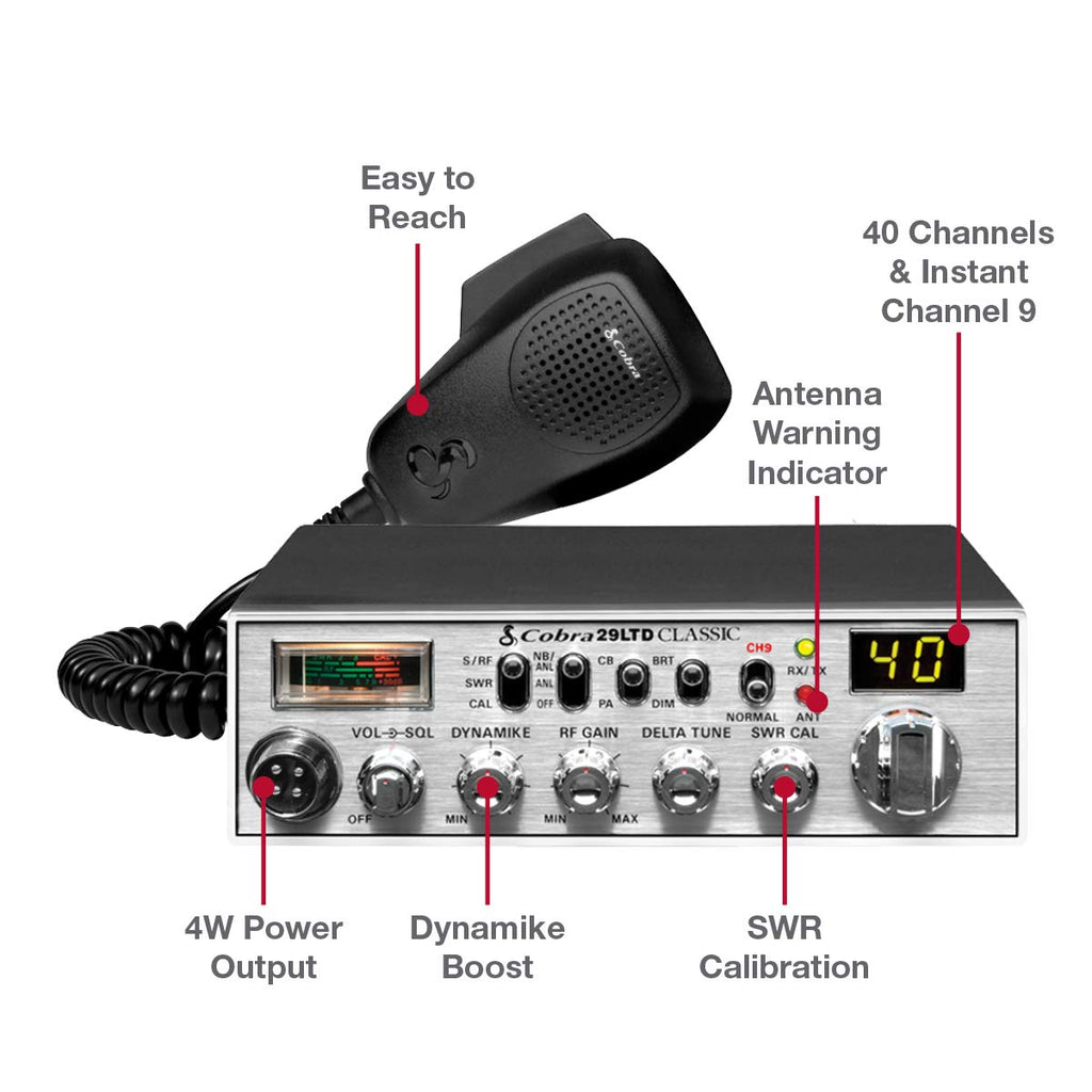 Cobra 29NW Classic Professional CB Radio - Emergency Radio, Travel Essentials, Instant Channel 9/19, Full 40 Channels, SWR Calibration and Nightwatch Illumination Display