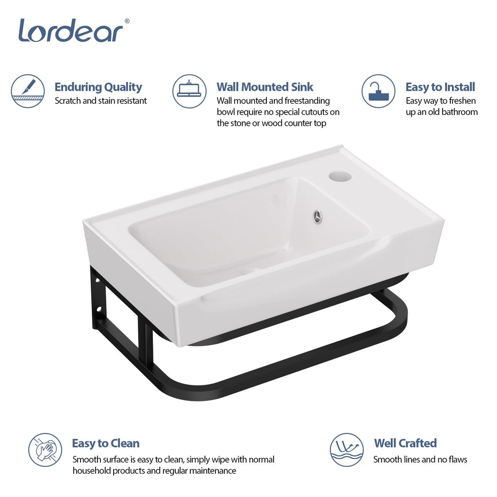 Lordear Wall Mount Bathroom Sink 21x12 Inch White Rectangle Sink with Overflow Porcelain Ceramic Floating Bathroom Vessel Sinks, Wall Hung Wash Hand Basin