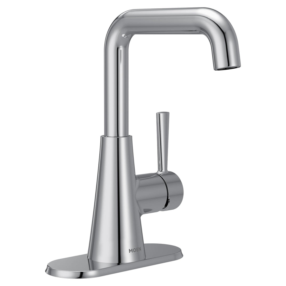 Moen Ronan Matte Black Double Bend Single Hole Modern Bathroom Sink Faucet with Optional Deckplate and Spring Loaded Drain Assembly, 84024BL