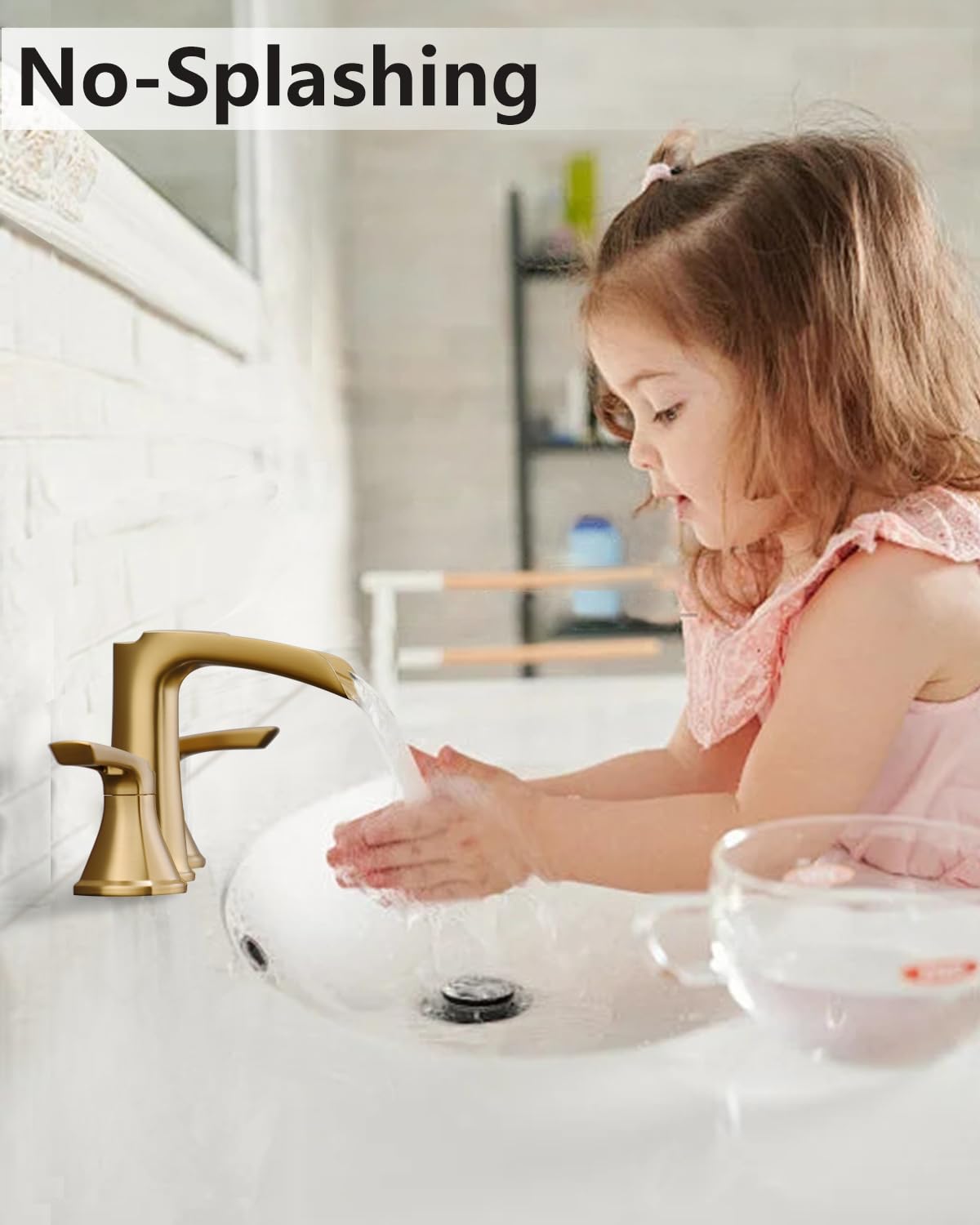 Fapully Brushed Nickel Bathroom Faucet 3 Hole, Waterfall 8 Inch Widespread Bathroom Sink Faucet with Pop-up Drain, Two-Handle Faucet for Bathroom Sink