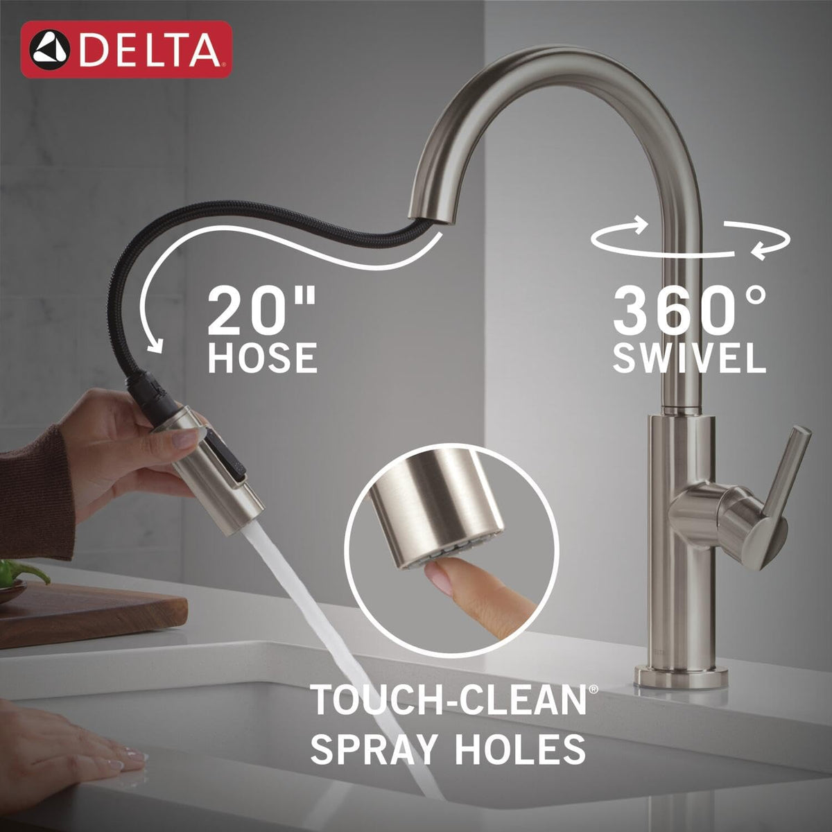 Delta Nicoli Brushed Nickel Kitchen Faucet with Pull Down Sprayer, Modern Single Hole Kitchen Sink Faucet, Single Handle, Stainless Steel 19867LF-SS