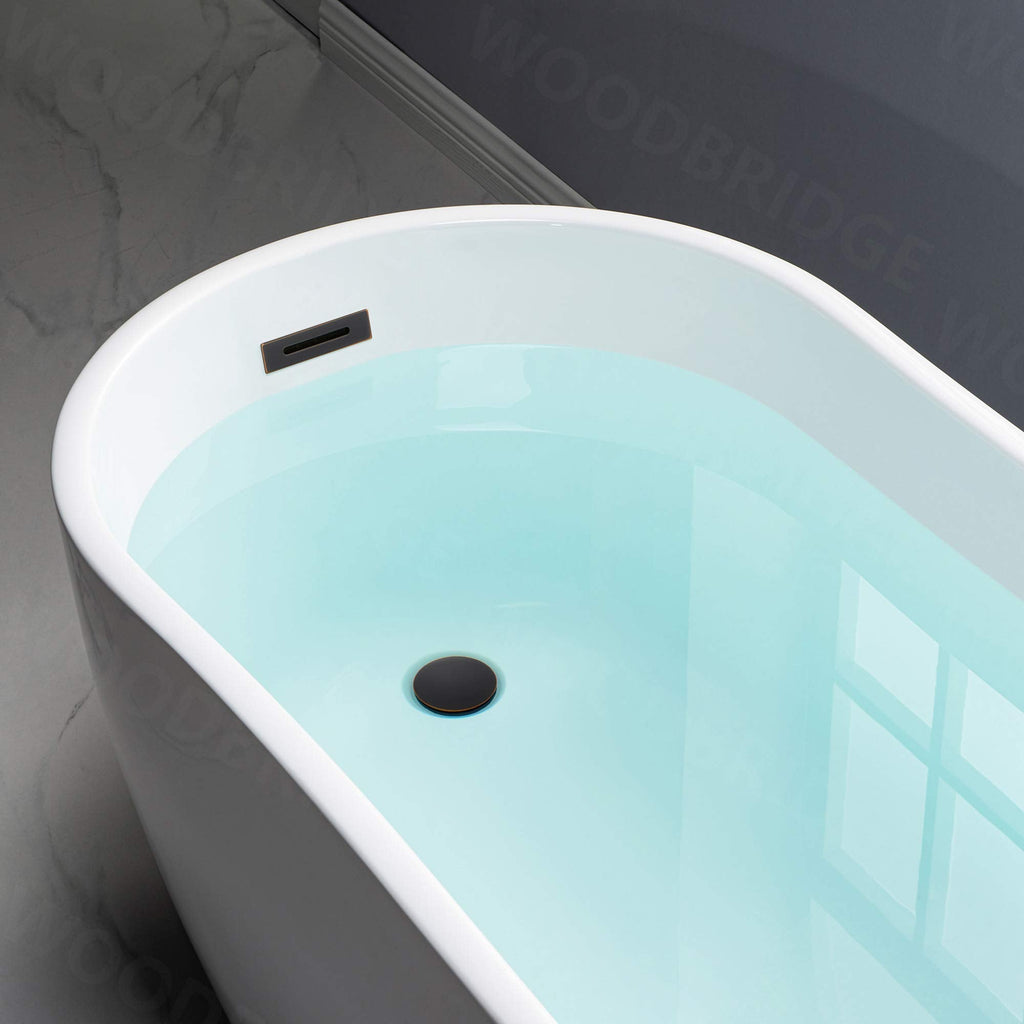 WOODBRIDGE 59" Acrylic Freestanding Bathtub Contemporary Soaking White Tub with Brushed Nickel Overflow and Drainï¼B-1530 -B/N-Drain &O