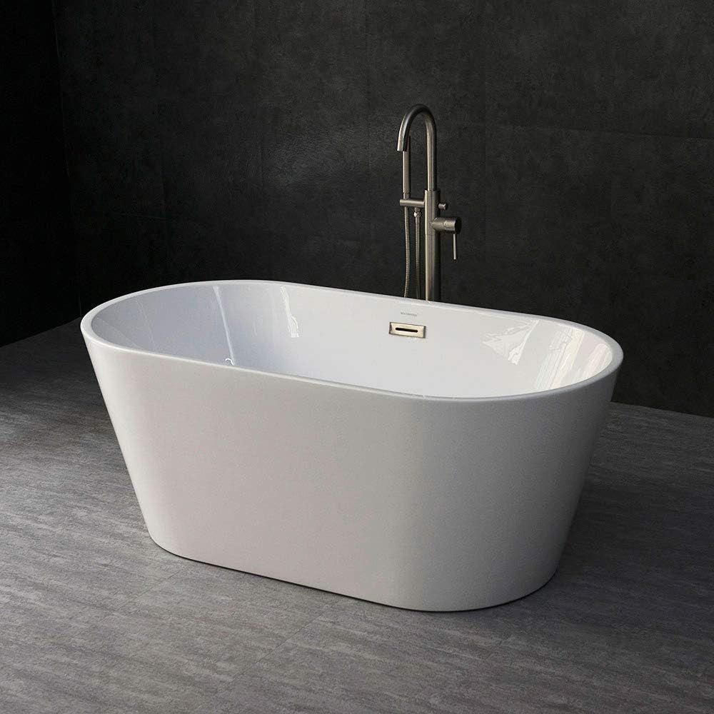 WOODBRIDGE 59" Acrylic Freestanding Bathtub Contemporary Soaking Tub with Brushed Nickel Overflow and Drain B0014B,White