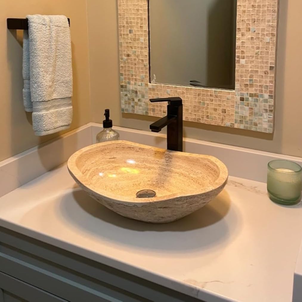 Oval Travertine Vessel Sink â Natural Stone Wash Basin, Hand-Carved Bathroom Sink with Chiseled Exterior & Polished Interior, Above Counter Vanity Basin (Includes Matching Soap Tray)
