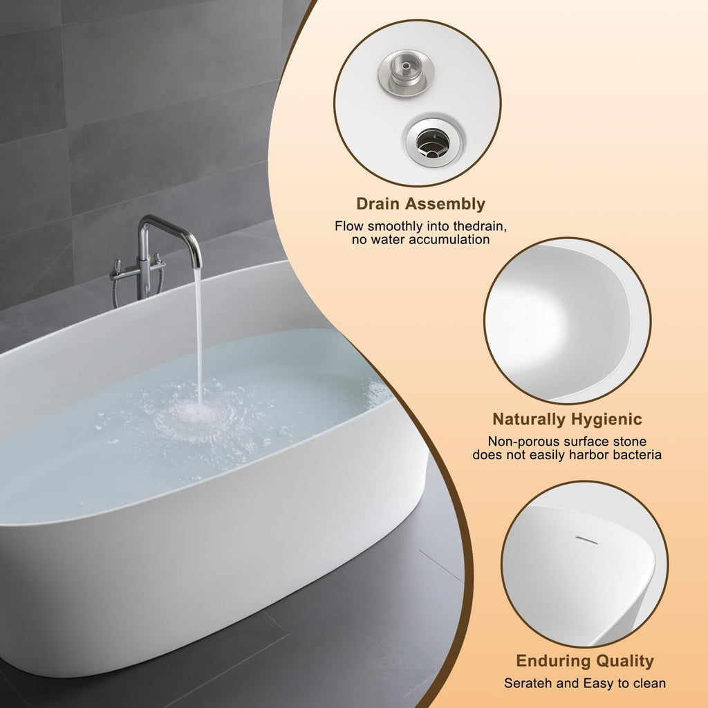 61''Stone Resin Freestanding Bathtub,Solid Surface Soaking Tub with Deep Bath Design, Modern Oval Free Standing Tub with Integrated Drain & Hidden Overflow, Starry Gray
