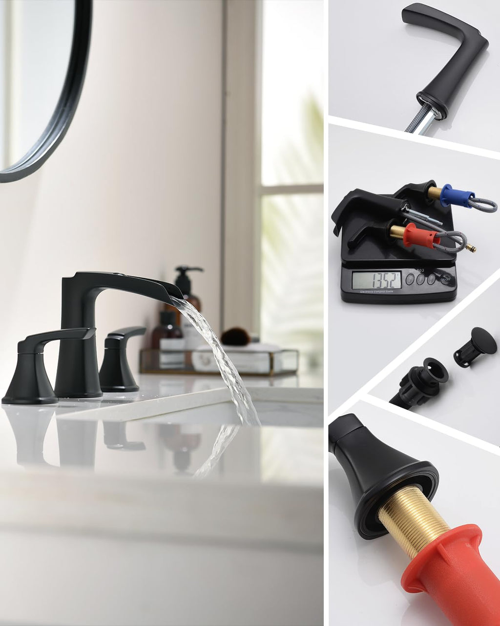 Fapully Brushed Nickel Bathroom Faucet 3 Hole, Waterfall 8 Inch Widespread Bathroom Sink Faucet with Pop-up Drain, Two-Handle Faucet for Bathroom Sink