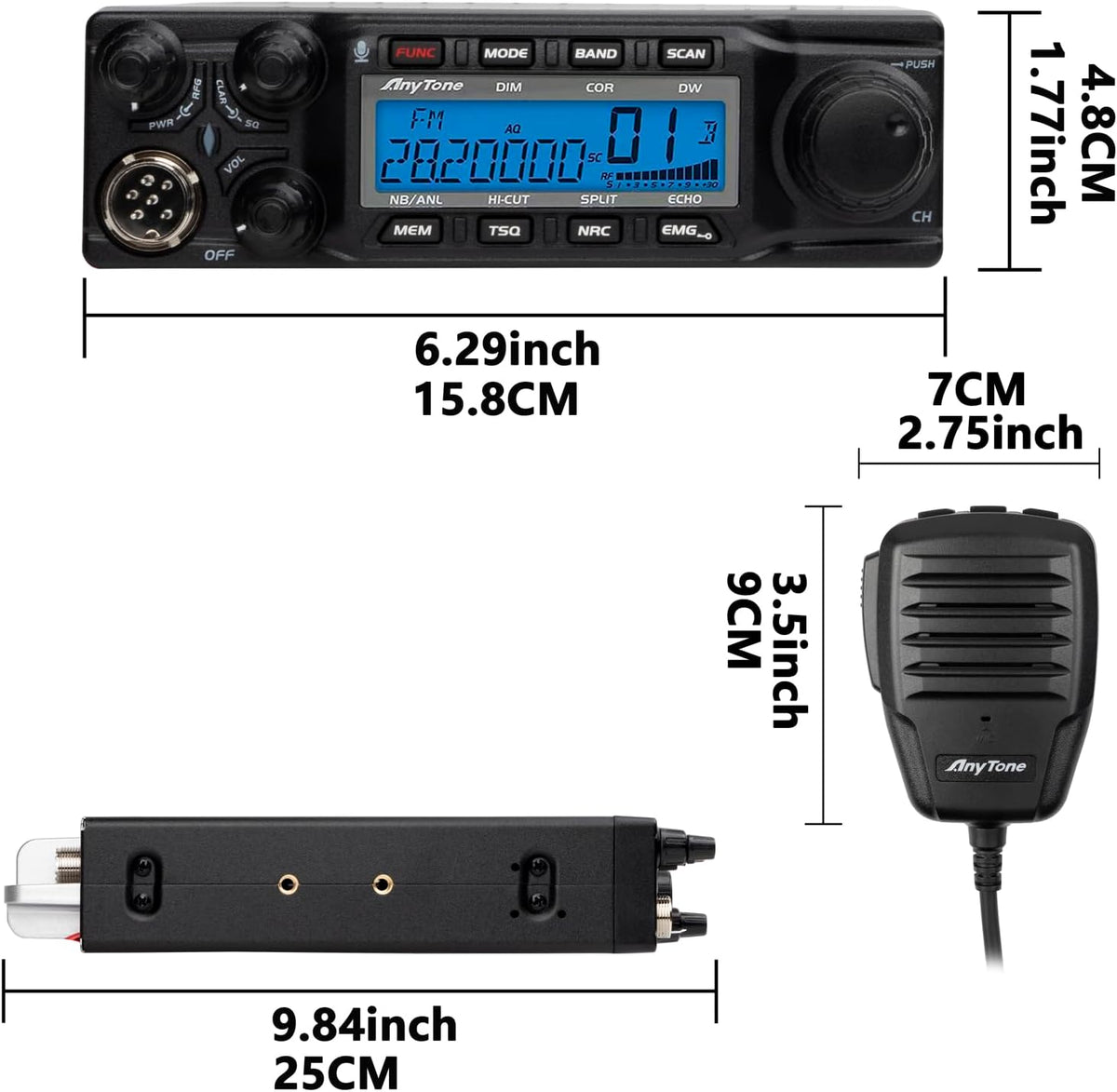 AnyTone AT-6666PRO 10 Meter Mobile Radio for Truckers,80W High Power Ham Mobile Transceiver. AM 80W(PEP) / FM 50W / SSB 80W(PEP).RX and TX Noise Reduction, CTCSS/DCS with RX/TX Split Function