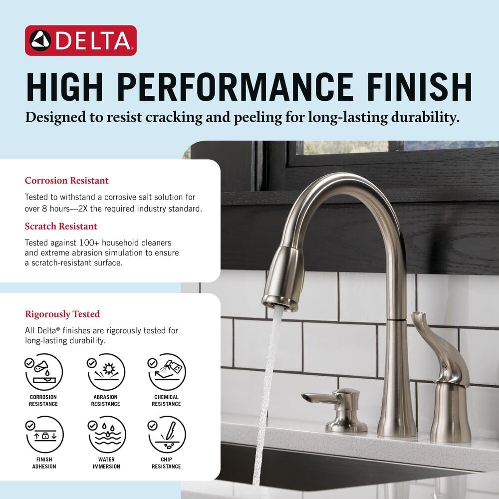Delta Kate Brushed Nickel Kitchen Faucet with Pull Down Sprayer and Soap Disperser, Modern Two Hole Kitchen Sink Faucet, Single Handle, Stainless 16970-SSSD-DST