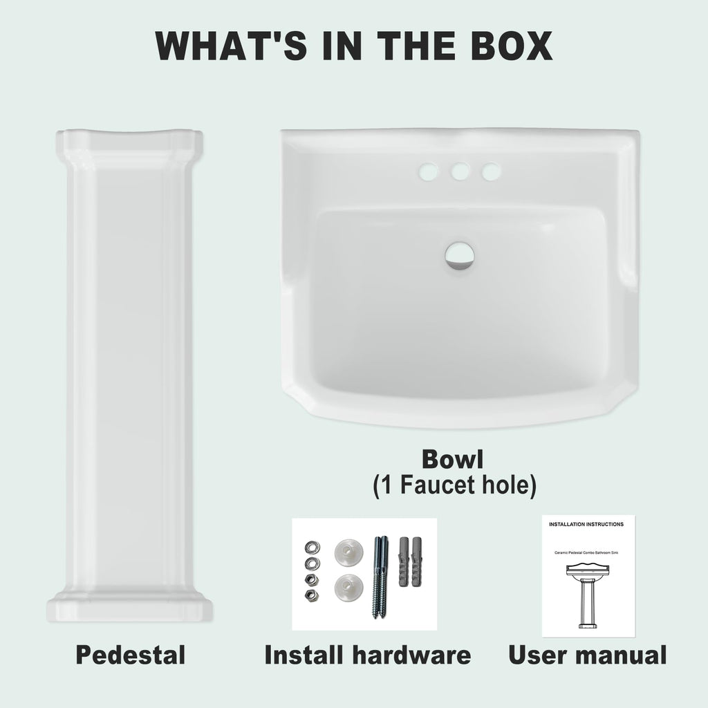 26" W X 20" D Bathroom Pedestal Sink, Rectangular White Ceramic Vanity Sink with Overflow and 3 Pre-Drilled Holes - Fits 8-Inch Faucets,Freestanding Restroom Sink Combo for Small Spaces