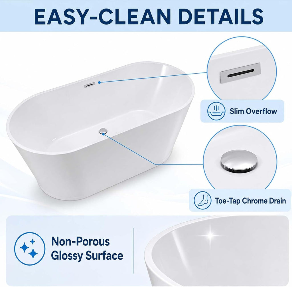 55" Oval Acrylic Free Standing Tub with 8-Layer Insulation (Gloss White)