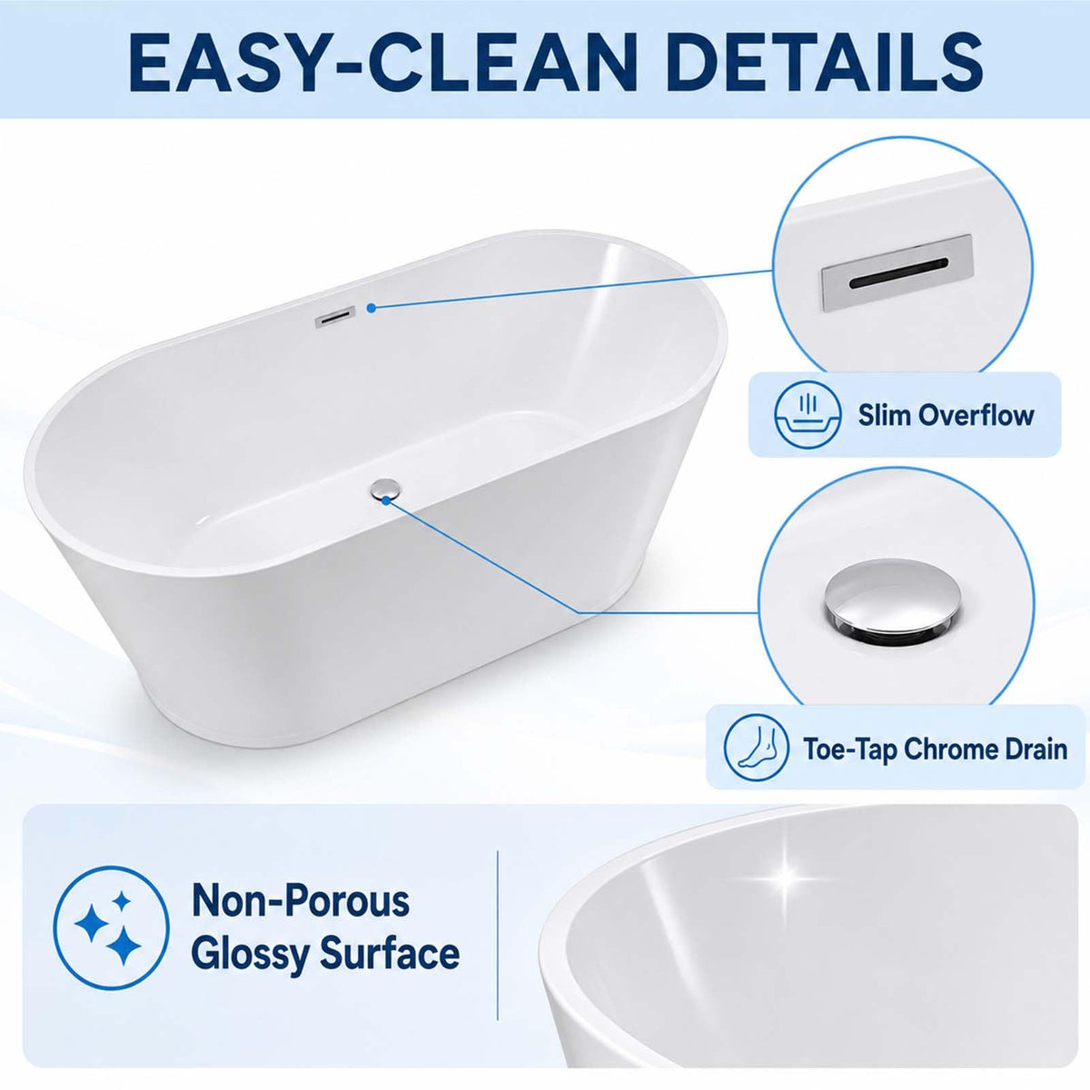55" Oval Acrylic Free Standing Tub with 8-Layer Insulation (Gloss White)