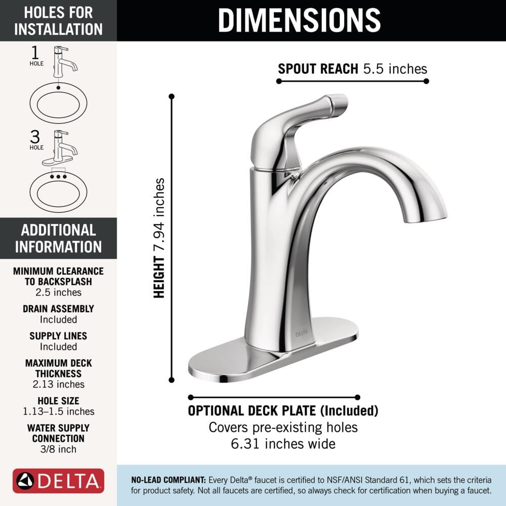 Delta Arvo Brushed Nickel Bathroom Faucet 1 Hole, Single Hole Bathroom Sink Faucet for Vanity, Push-Pop Drain Assembly, Spotshield Stainless 15840LF-SP