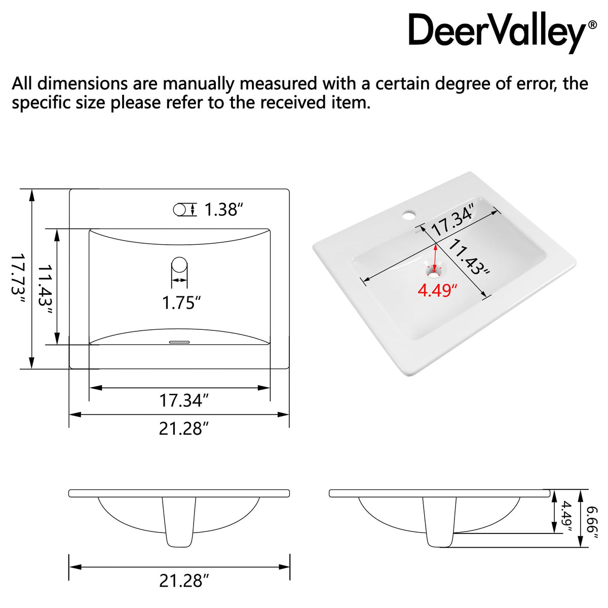 DeerValley Drop In Bathroom Sink White 21"x18" Rectangle Sleek 3-Hole Basin