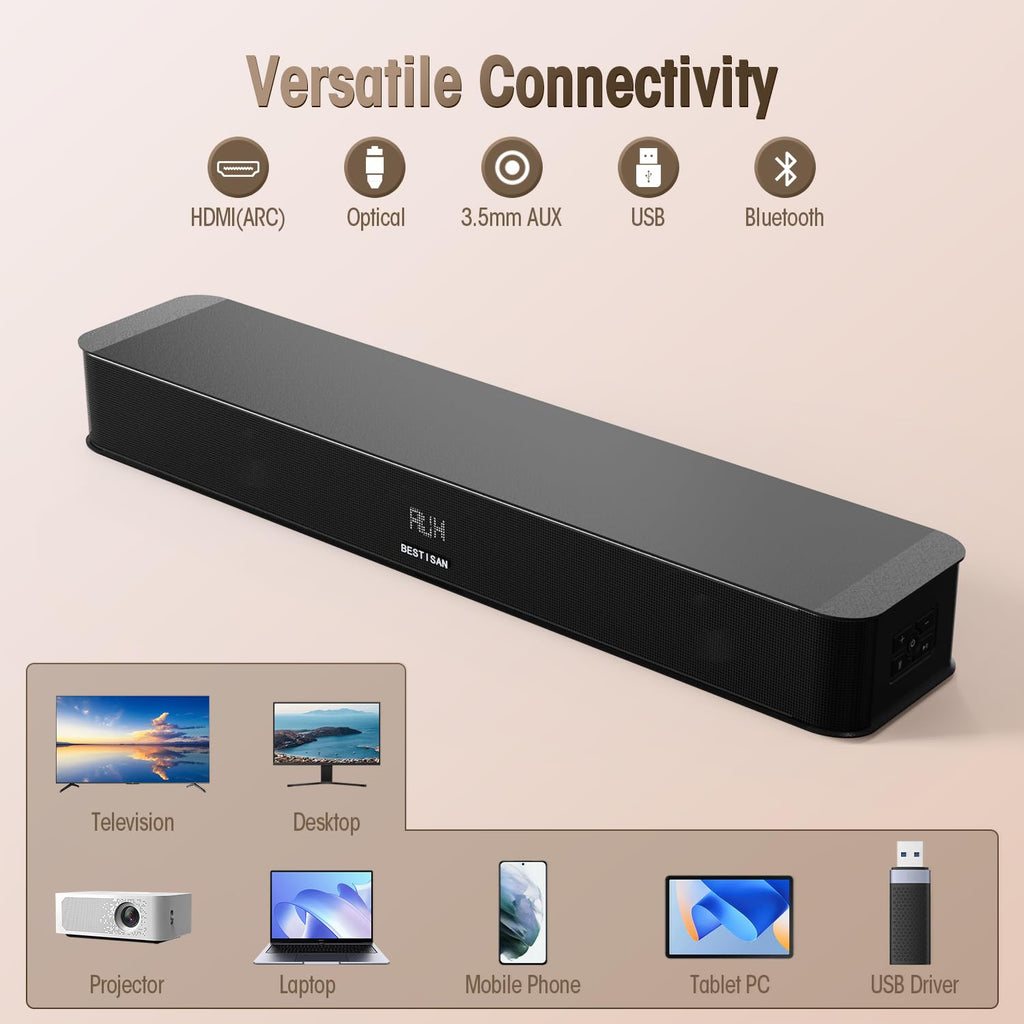 BESTISAN 2.1ch Sound Bar with Built-in Subwoofer, 120W Peak Power, HDMI ARC/Opt/AUX/USB/Bluetooth 5.3, 3 EQ Modes & Volume Boost, 16.5" All-in-One for TV/PC/Gaming/Projector