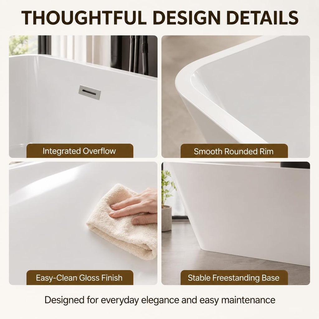 59" Acrylic Freestanding Soaking Bathtub, Deep Ergonomic Design with Lumbar Support, Integrated Overflow Drain, Non-Slip Base,cUPC Certified Modern Bathroom Tub, Easy Installation for Bathroom