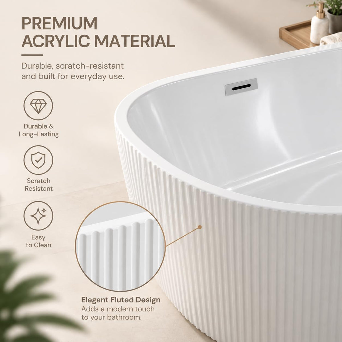 59" Acrylic Freestanding Soaking Bathtub, Deep Ergonomic Design with Lumbar Support, Integrated Overflow Drain, Non-Slip Base,cUPC Certified Modern Bathroom Tub, Easy Installation for Bathroom